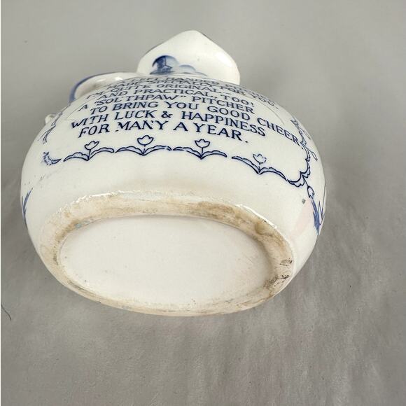 Pitcher Dutch Ceramic Left Handed Poem Blue Trim Lettering 5 Ins. Tall - Picture 4 of 7